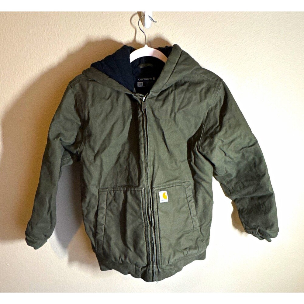 Carhartt Boys Green Hooded Canvas Full Zip Lined Jacket Pockets Size L